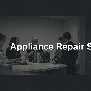Team of technicians providing appliance repair services in a modern office setting, emphasizing professional appliance maintenance and repair solutions.
