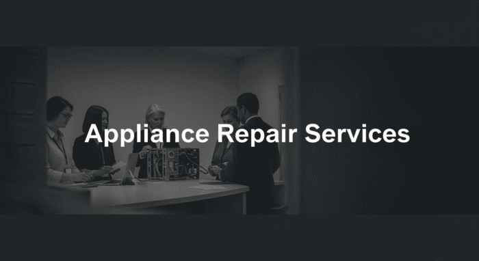 Team of technicians providing appliance repair services in a modern office setting, emphasizing professional appliance maintenance and repair solutions.