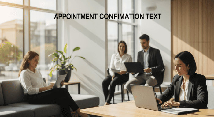 Business professionals in a modern office during an appointment confirmation meeting, with laptops and documents, representing efficient scheduling and communication.