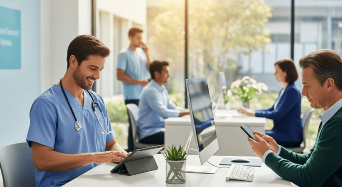 An image of healthcare professionals and patients engaging with digital devices in a modern medical office, highlighting telehealth, digital health solutions, and patient-centered care.