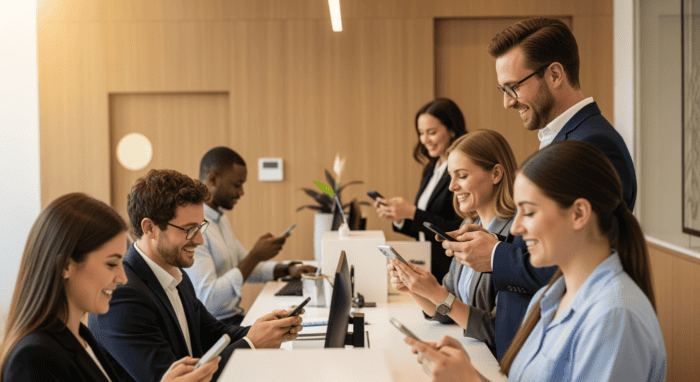 Diverse customer support team using smartphones and tablets in a modern office, showcasing AiDial's innovative communication solutions for businesses.