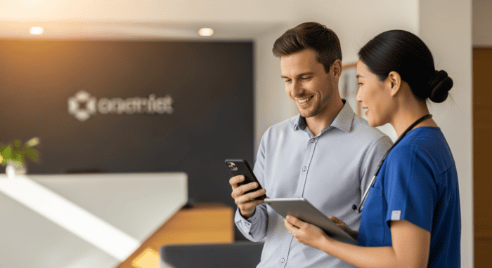 Two customer support professionals collaborating and reviewing information on a mobile device and tablet at AiDial, a call center solutions provider, emphasizing teamwork and technology.