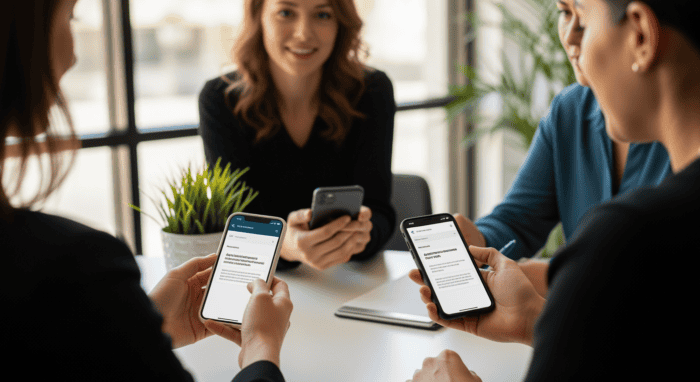A group of professionals engaged in a business meeting, using smartphones to share information and collaborate in a modern office setting.