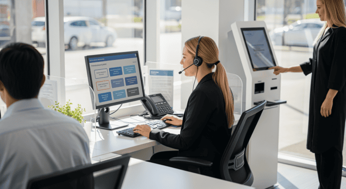 Customer support team using AI-powered call automation system with headsets and touchscreen kiosk in a modern office environment.