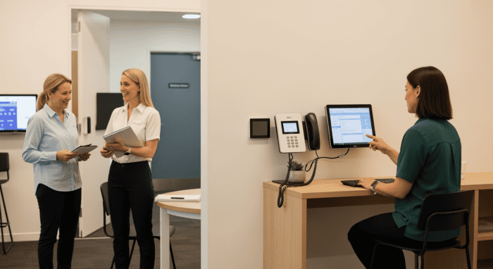 Two women discussing customer support strategies while a support agent manages calls using a computer and phone system at AiDial office.