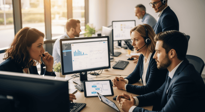 A diverse team of customer support professionals working together in an office, using computers and headsets to provide efficient AI-powered customer service solutions.