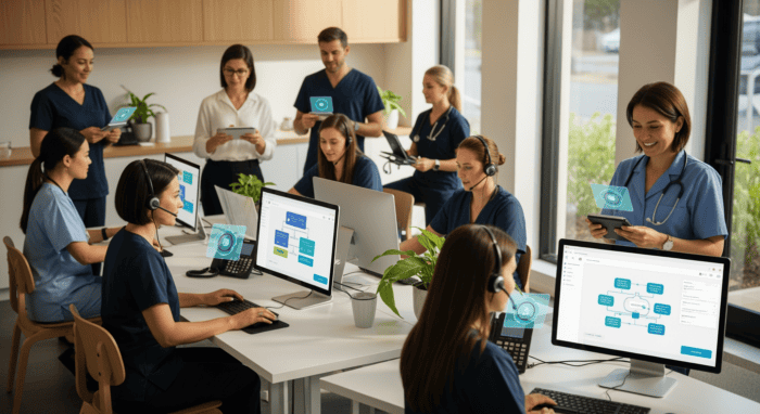 A diverse group of call center agents working together with headsets and computers, demonstrating teamwork and communication in a modern office environment.