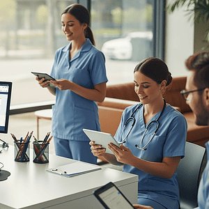 Healthcare professionals using AI-powered communication tools in a modern office to enhance patient engagement and streamline support services.