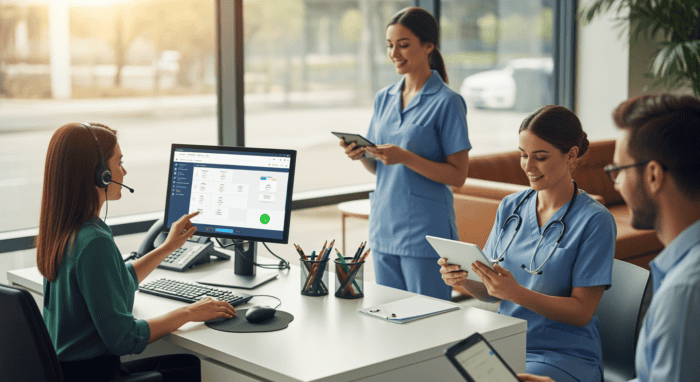 Healthcare professionals using AI-powered communication tools in a modern office to enhance patient engagement and streamline support services.