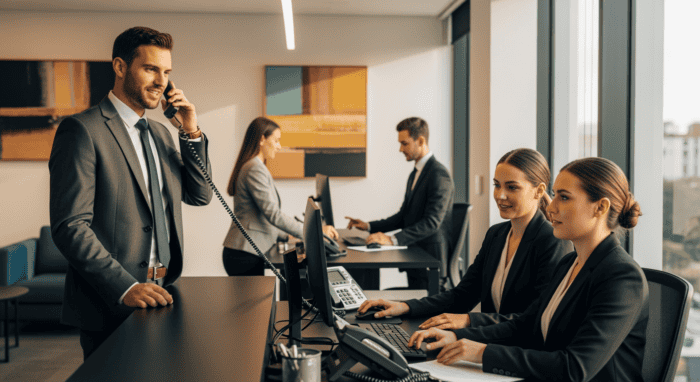 A professional call center team managing customer inquiries with modern technology in a corporate office environment.