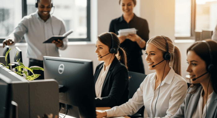 Customer support team using headsets at a call center, providing professional assistance with computers and communication tools for optimal client service.