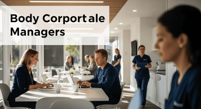 Professional body corporate managers conducting a meeting in a modern office, showcasing teamwork and leadership in property management services.