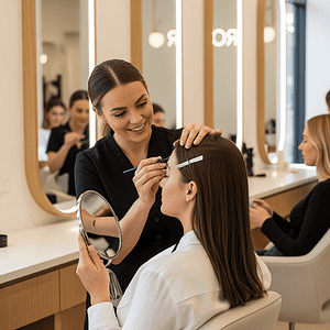 Professional makeup artist applying makeup to a client at a modern beauty salon with a bright, welcoming atmosphere and a visible "Brow Bar" sign in the background.