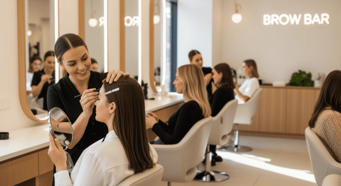 Professional makeup artist applying makeup to a client at a modern beauty salon with a bright, welcoming atmosphere and a visible "Brow Bar" sign in the background.