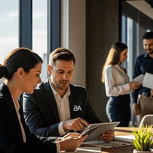 A professional business team collaborating in a modern office, discussing strategies and working together on digital devices to enhance communication and productivity.