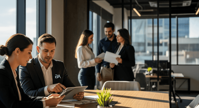 A professional business team collaborating in a modern office, discussing strategies and working together on digital devices to enhance communication and productivity.