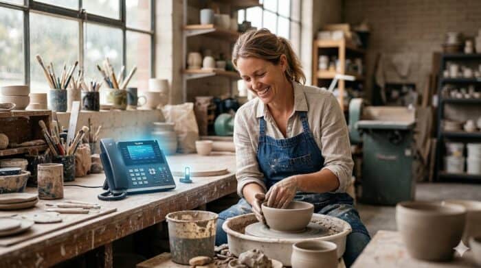 A woman smiling while shaping a ceramic bowl in a pottery studio, showcasing creative craftsmanship and pottery making at AiDial.