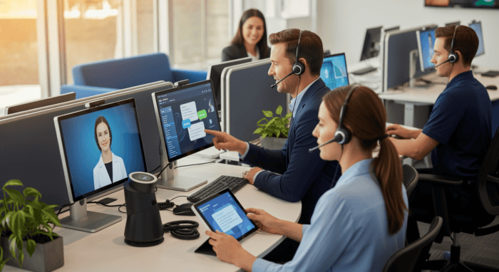 Customer support team using AI-powered communication tools in a modern call center with headsets and multiple monitors for efficient service.