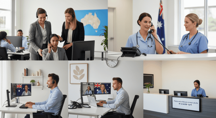 Diverse customer support team working in an office environment, providing assistance via phone and computer, showcasing AI-powered communication solutions for Australian businesses.
