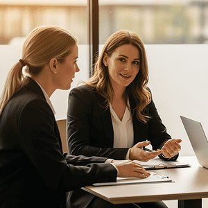 Professional business meeting with three colleagues discussing strategies in a modern office, highlighting AI Dial's innovative communication solutions for businesses.