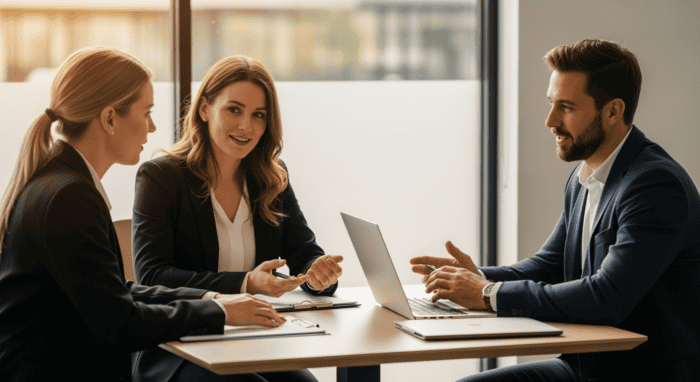 Professional business meeting with three colleagues discussing strategies in a modern office, highlighting AI Dial's innovative communication solutions for businesses.