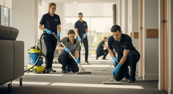 A team of professional cleaners using carpet cleaning equipment to maintain a clean and hygienic office environment.