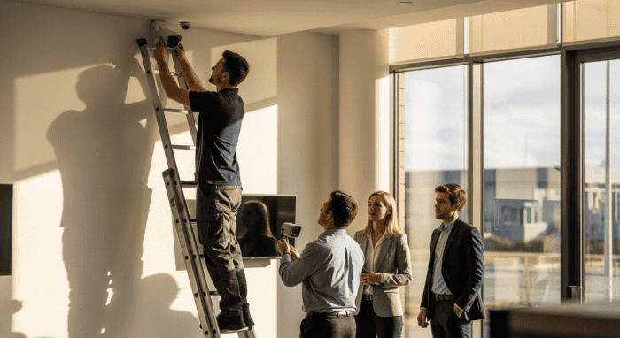 A group of professionals in formal attire observing a man installing a security camera on a wall in a modern office with large windows and city views.