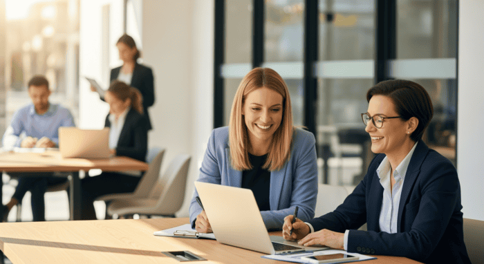 Two professional women collaborating on a laptop during a customer support team meeting at AiDial, with colleagues working in the background, emphasizing call center solutions and business communicati.