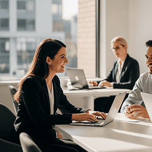 Business team collaborating in a modern office, using laptops and discussing strategies for AI-powered customer engagement solutions.
