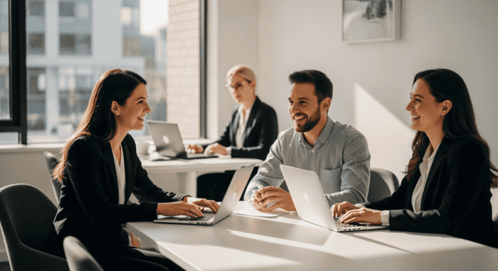 Business team collaborating in a modern office, using laptops and discussing strategies for AI-powered customer engagement solutions.