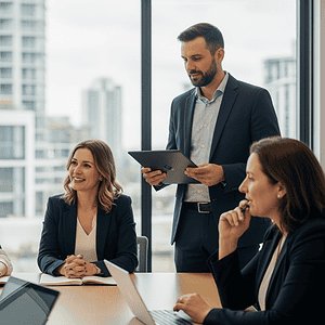 Business professionals in a modern office during a meeting, with a man presenting on a tablet, showcasing corporate teamwork and technology integration for effective communication.
