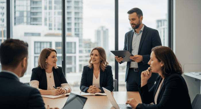 Business professionals in a modern office during a meeting, with a man presenting on a tablet, showcasing corporate teamwork and technology integration for effective communication.