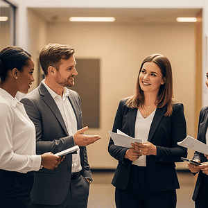 Group of diverse professionals having a discussion in a corporate office, showcasing teamwork and communication for AI Dial customer service solutions.