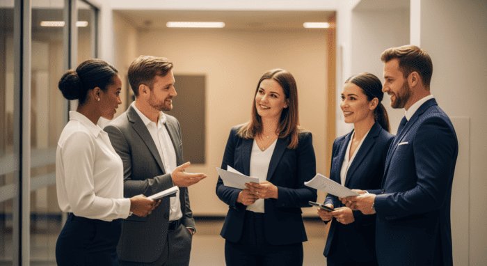 Group of diverse professionals having a discussion in a corporate office, showcasing teamwork and communication for AI Dial customer service solutions.