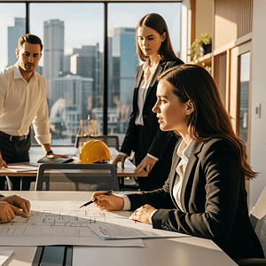 Business professionals collaborating in a high-rise office with city skyline views, discussing plans and strategies for business growth and success.
