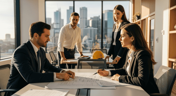 Business professionals collaborating in a high-rise office with city skyline views, discussing plans and strategies for business growth and success.