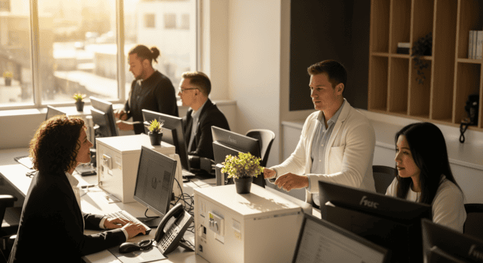 Diverse customer support team working at computers in a bright, modern office environment, showcasing professional call center operations and teamwork.