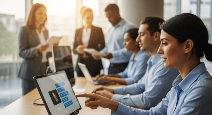 A diverse group of professionals collaborating in a modern office, using tablets and laptops to enhance customer service and communication efficiency.
