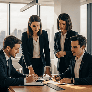 A group of four professionals collaborating during a business meeting in a contemporary office with large windows and city skyline views, emphasizing teamwork and corporate strategy.