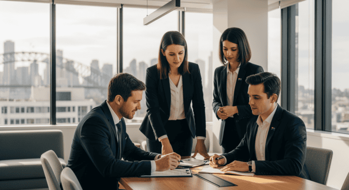 A group of four professionals collaborating during a business meeting in a contemporary office with large windows and city skyline views, emphasizing teamwork and corporate strategy.