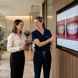 Two dental professionals discussing dental images on a large screen in a modern clinic, highlighting dental health and cosmetic dentistry services.