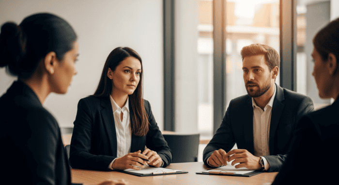 Business professionals in a meeting discussing customer support strategies, showcasing teamwork and communication in a modern office environment.