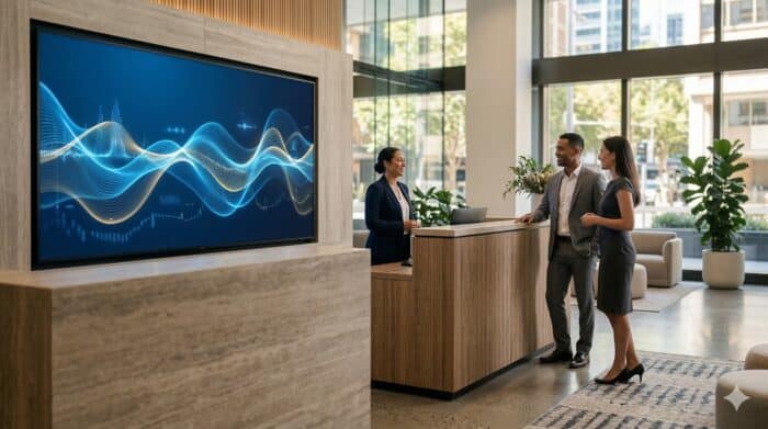 Modern office reception area with AI-powered customer service technology, featuring a large digital screen displaying data waves, and staff assisting clients in a professional environment.