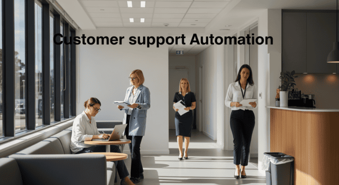 Modern customer support team working in an office, utilizing automation technology for efficient service, with professionals using laptops and tablets in a bright, professional environment.