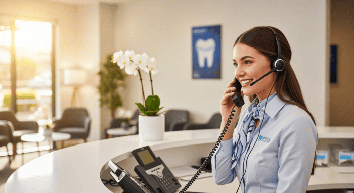 A friendly female customer support agent wearing a headset, smiling, in a modern dental clinic reception area with a potted orchid and dental posters in the background.
