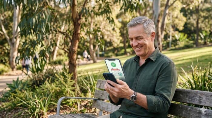 An older man sitting on a park bench using a smartphone with the AiDial app displayed on the screen, surrounded by trees and greenery, demonstrating mobile accessibility and communication technology.