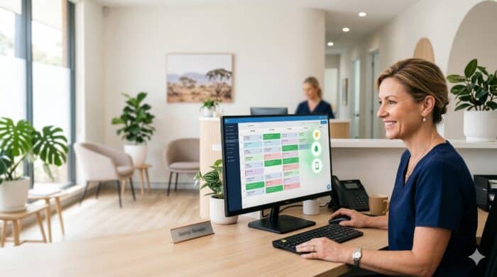 Friendly customer support agent using AI Dial software on a computer in a modern, bright office environment, showcasing efficient communication and technology solutions.