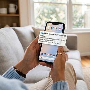 Person holding a smartphone displaying an automated dental appointment reminder notification, showcasing AI-powered scheduling and communication technology for healthcare providers.