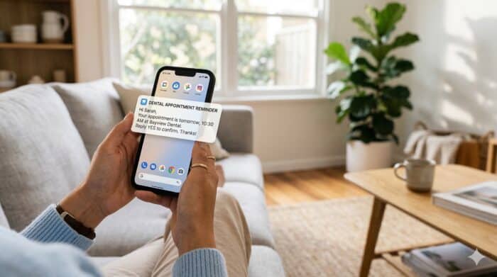 Person holding a smartphone displaying an automated dental appointment reminder notification, showcasing AI-powered scheduling and communication technology for healthcare providers.
