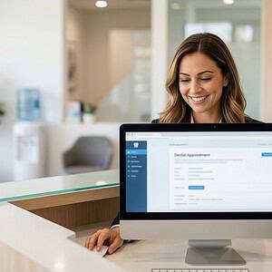 Friendly woman using AI-powered customer service platform on computer at reception desk, showcasing innovative AI Dial technology for efficient client interactions.